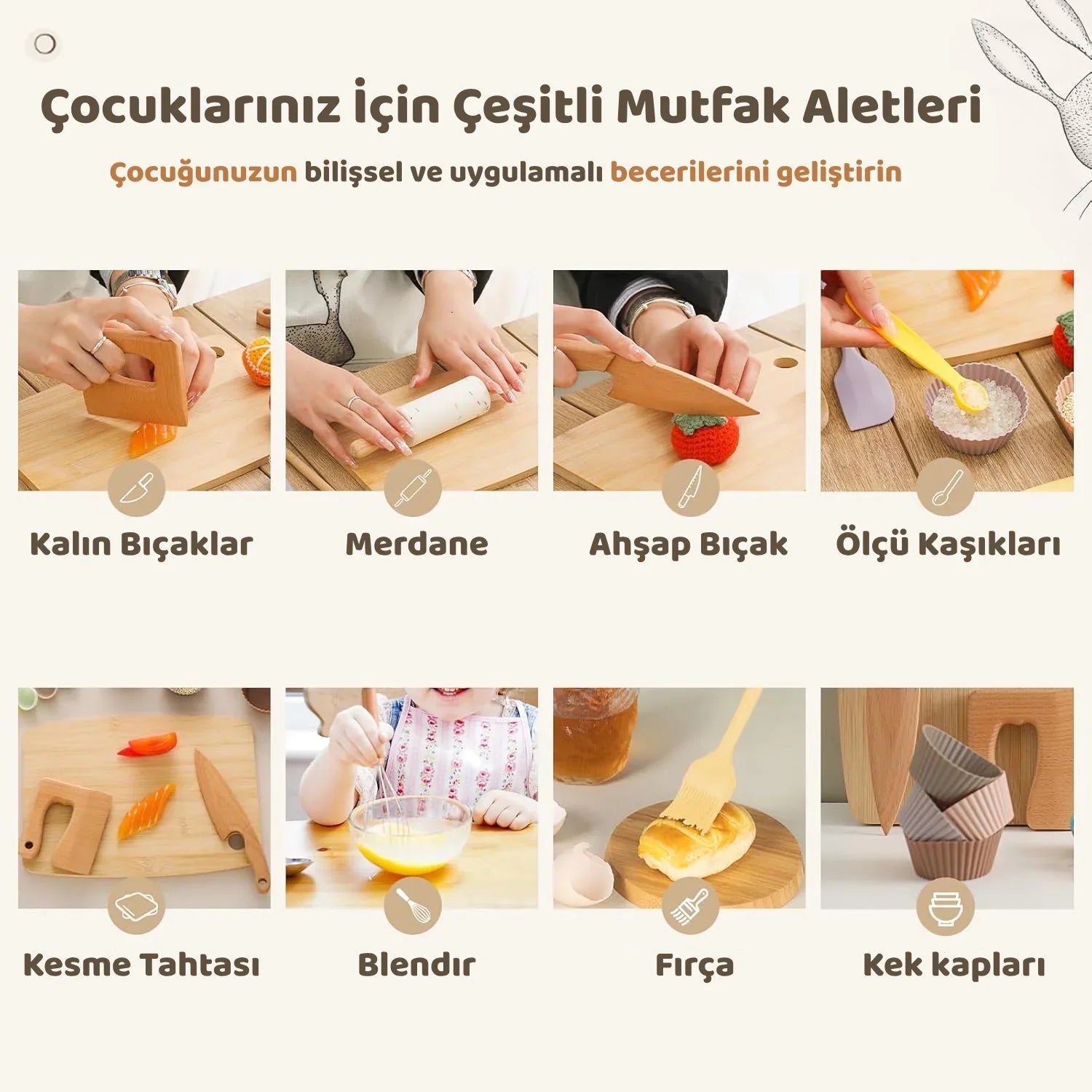 Montessori Tavşan Temalı Ahşap Mutfak Seti Çocuk Eğitici Oyuncak - MAKKA