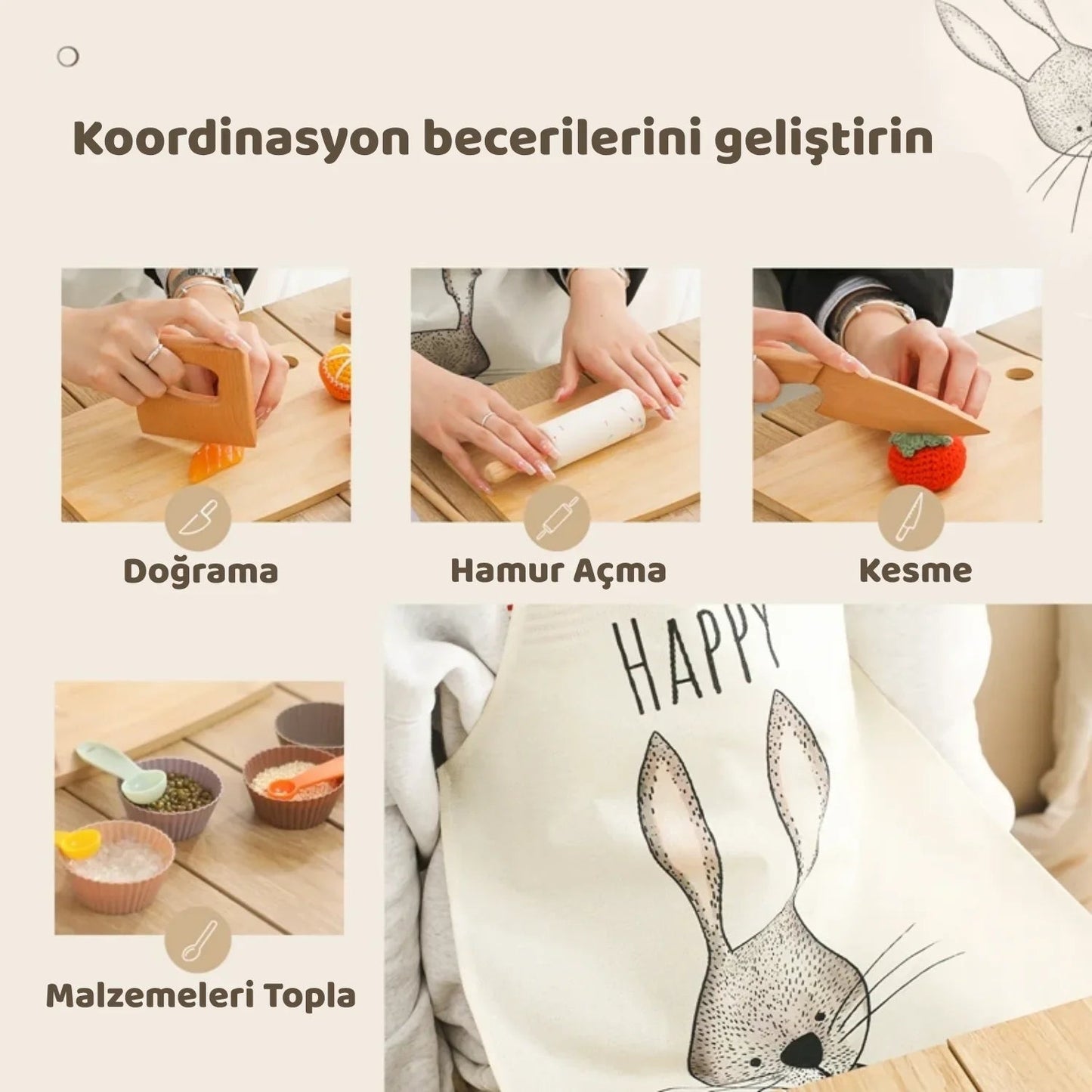 Montessori Tavşan Temalı Ahşap Mutfak Seti Çocuk Eğitici Oyuncak - MAKKA