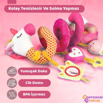 Montessori Unicorn Arabaya Asılan Peluş Oyuncak Bebek Koltuğu Eğlence - MAKKA