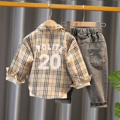 Pamuklu Baskılı Tişört Ekose Gömlek ve Eskitme Pantolon Takım - MAKKA