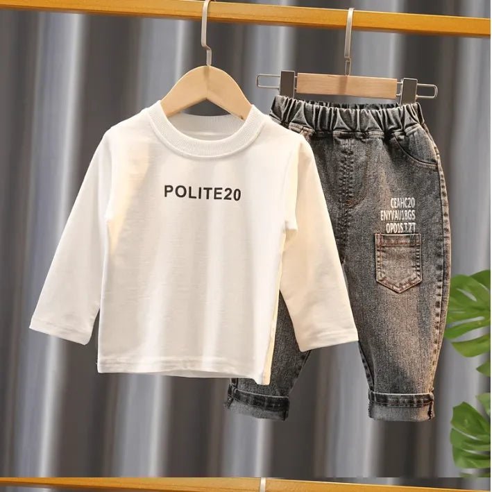 Pamuklu Baskılı Tişört Ekose Gömlek ve Eskitme Pantolon Takım - MAKKA