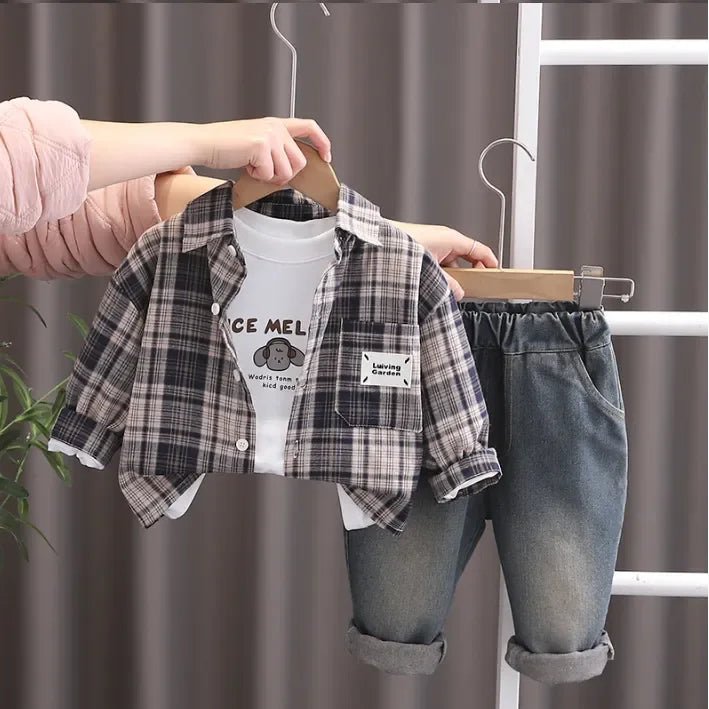 Pamuklu Baskılı Tişört Kareli Gömlek Denim Pantolon 3'lü Takım - MAKKA