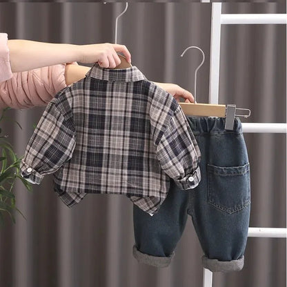 Pamuklu Baskılı Tişört Kareli Gömlek Denim Pantolon 3'lü Takım - MAKKA