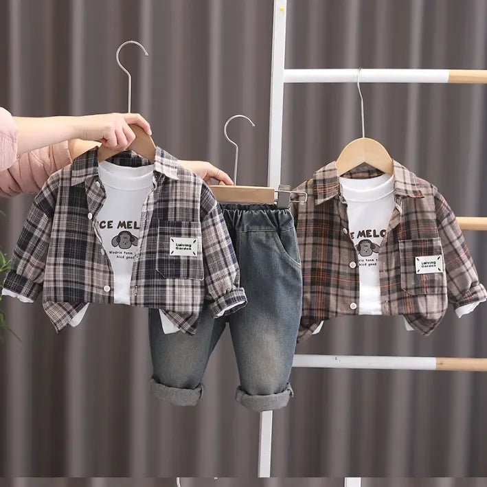 Pamuklu Baskılı Tişört Kareli Gömlek Denim Pantolon 3'lü Takım - MAKKA