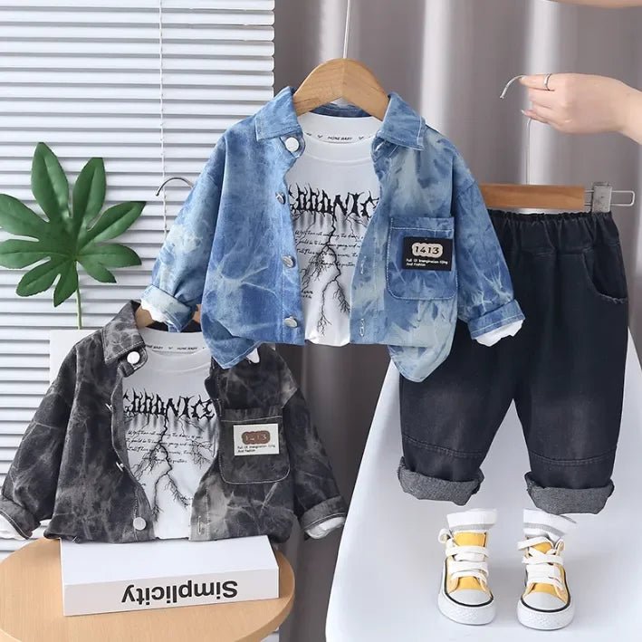 Pamuklu Baskılı Tişörtlü Kot Gömlekli 3 Parça Erkek Çocuk Takım - MAKKA