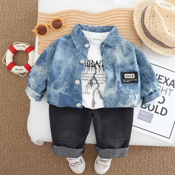 Pamuklu Baskılı Tişörtlü Kot Gömlekli 3 Parça Erkek Çocuk Takım - MAKKA