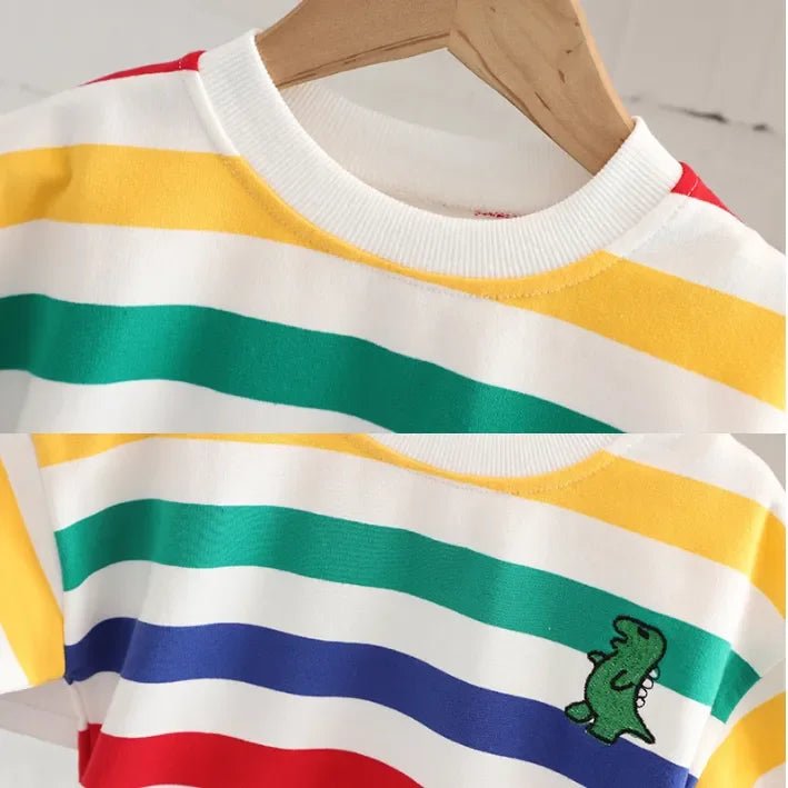 Pamuklu Çizgili Üst, Esnek Kot Pantolon ve Dinozor Çantalı Takım - MAKKA