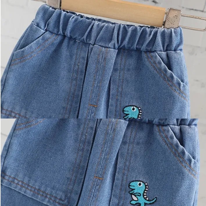 Pamuklu Çizgili Üst, Esnek Kot Pantolon ve Dinozor Çantalı Takım - MAKKA