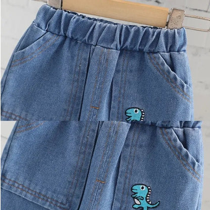 Pamuklu Çizgili Üst, Esnek Kot Pantolon ve Dinozor Çantalı Takım - MAKKA