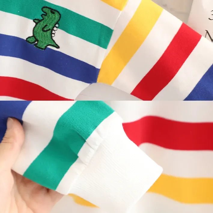 Pamuklu Çizgili Üst, Esnek Kot Pantolon ve Dinozor Çantalı Takım - MAKKA