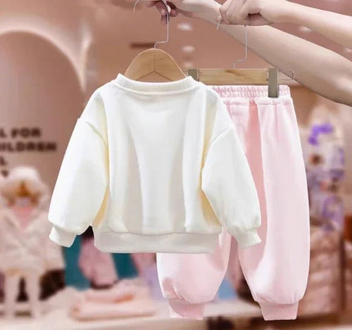 Pamuklu Pembe Beyaz Kız Çocuk Takım Uzun Kollu Rahat Esnek Bel - MAKKA