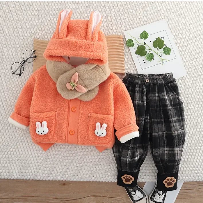 Peluş Atkılı 3 Parça Tavşan Cepli Kız Çocuk Takımı - MAKKA