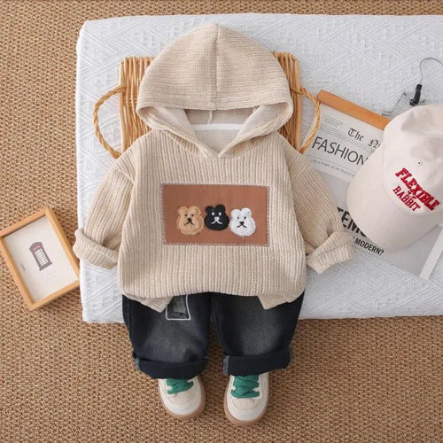 Peluş Kapüşonlu Erkek Çocuk Takımı Kot Pantolonlu Rahat Set - MAKKA