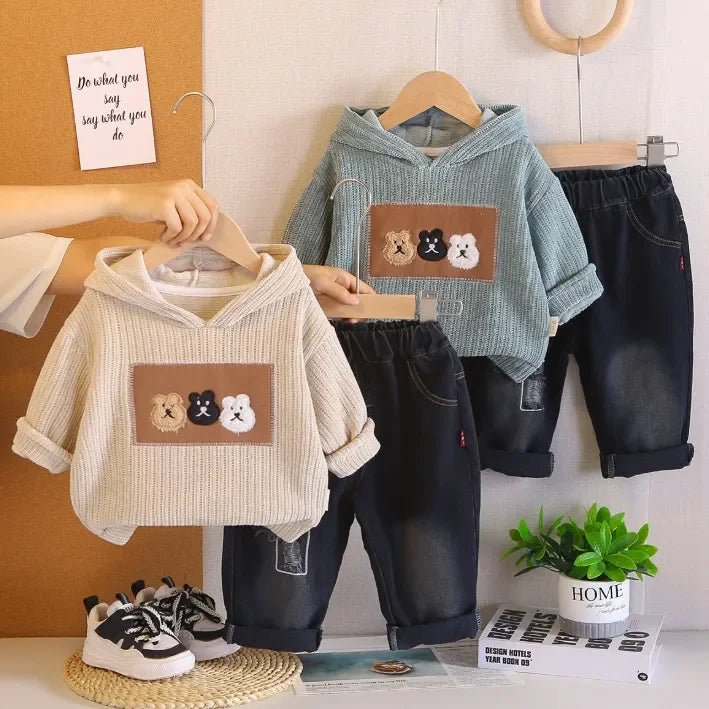 Peluş Kapüşonlu Erkek Çocuk Takımı Kot Pantolonlu Rahat Set - MAKKA