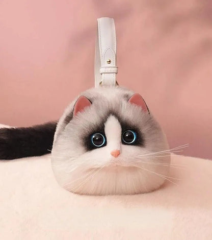 Peluş Kedili Omuz Çantası Gerçekçi Tüylü Tasarım Geniş Hacim - MAKKA