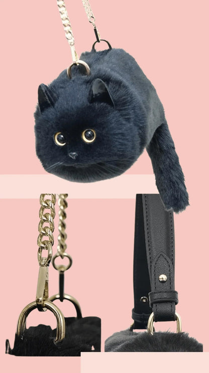 Peluş Kedili Omuz Çantası Gerçekçi Tüylü Tasarım Geniş Hacim - MAKKA
