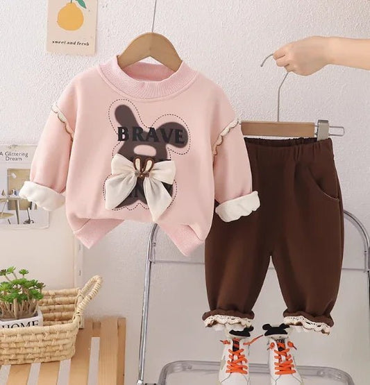 Pembe Kız Çocuk Takımı Pamuklu Uzun Kollu Pantolonlu Set - MAKKA