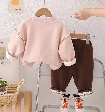 Pembe Kız Çocuk Takımı Pamuklu Uzun Kollu Pantolonlu Set - MAKKA