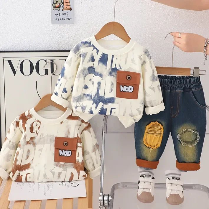 Renk Bloklu Baskılı Sweatshirt ve Eskitme Jean Takım 1 - 5 Yaş - MAKKA