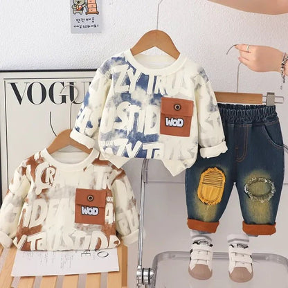 Renk Bloklu Baskılı Sweatshirt ve Eskitme Jean Takım 1 - 5 Yaş - MAKKA