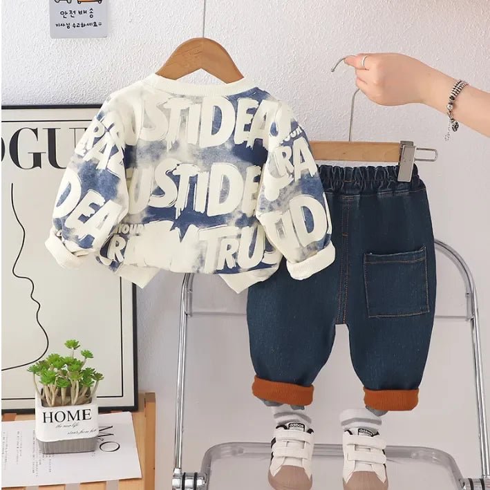 Renk Bloklu Baskılı Sweatshirt ve Eskitme Jean Takım 1 - 5 Yaş - MAKKA