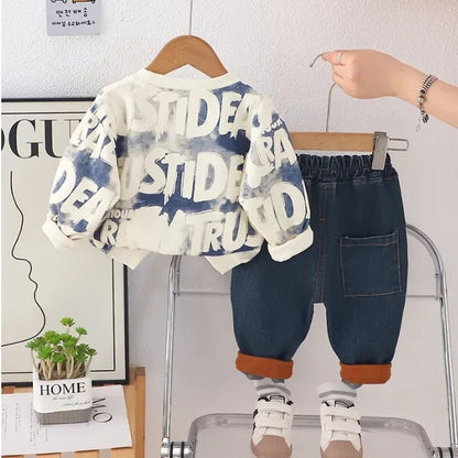 Renk Bloklu Baskılı Sweatshirt ve Eskitme Jean Takım 1 - 5 Yaş - MAKKA