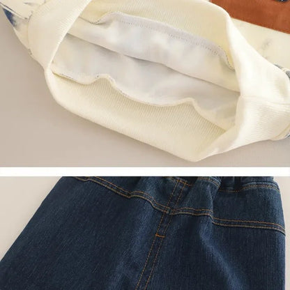 Renk Bloklu Baskılı Sweatshirt ve Eskitme Jean Takım 1 - 5 Yaş - MAKKA