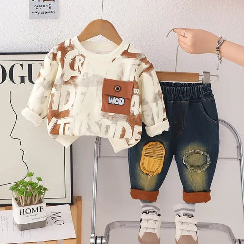 Renk Bloklu Baskılı Sweatshirt ve Eskitme Jean Takım 1 - 5 Yaş - MAKKA