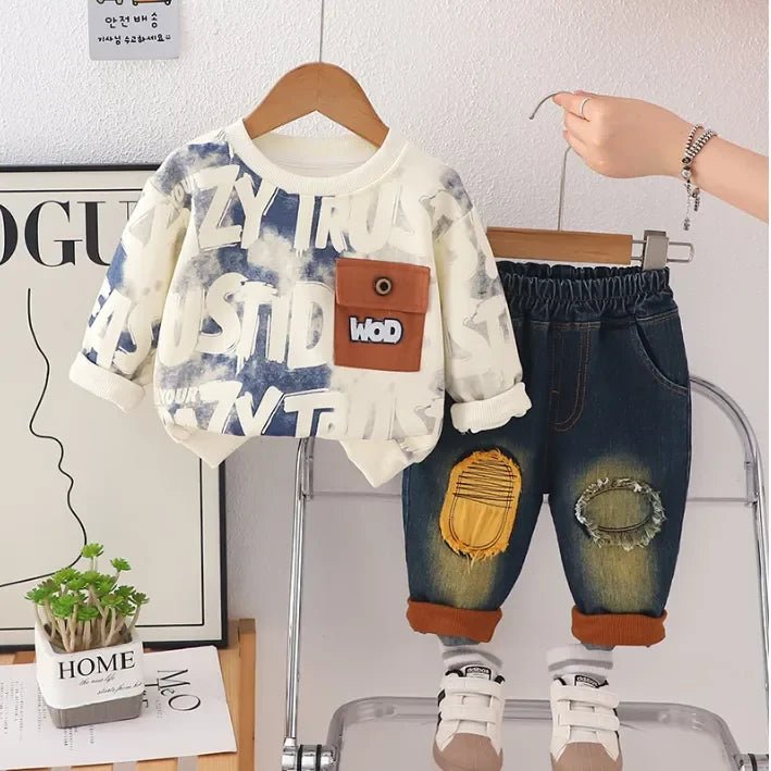 Renk Bloklu Baskılı Sweatshirt ve Eskitme Jean Takım 1 - 5 Yaş - MAKKA