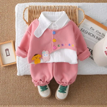 Renkli Düğmeli Gömlek Yaka Esnek Bel Kız Çocuk Takımı - MAKKA