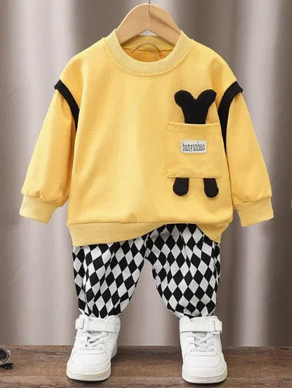 Sarı Damalı Çocuk Takım Yumuşak Pamuklu Rahat Kesim 1 - 5 Yaş - MAKKA