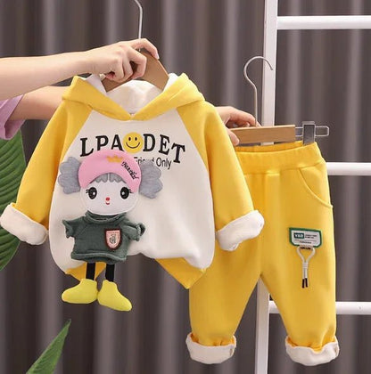 Sarı Peluş Kapüşonlu Kız Çocuk Takımı Sıcak Yumuşak ve Esnek - MAKKA