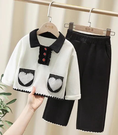 Siyah Beyaz Lacos Yaka Kız Çocuk Günlük Şık Takım - MAKKA