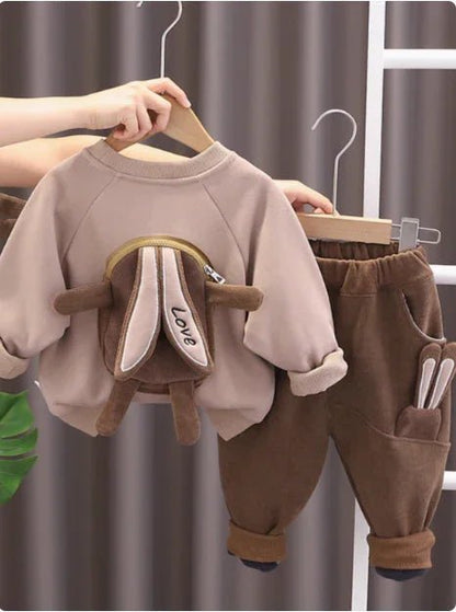 Tavşan Desenli Cepli Unisex Kadife Çocuk Üst Alt Takım - MAKKA