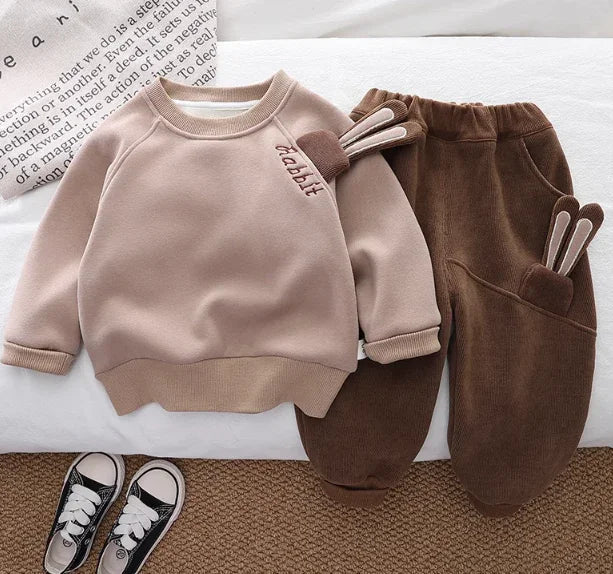 Tavşan Desenli Cepli Unisex Kadife Çocuk Üst Alt Takım - MAKKA