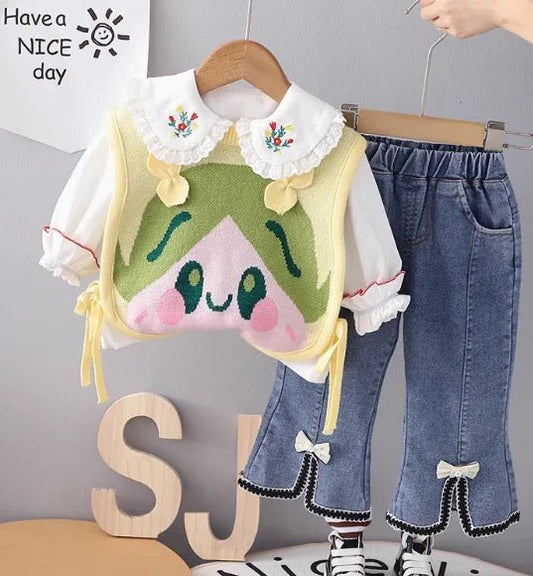 Üç Parçalı Trendy Kız Çocuk Takım Yelek Üst - Alt 1 - 5 Yaş - MAKKA