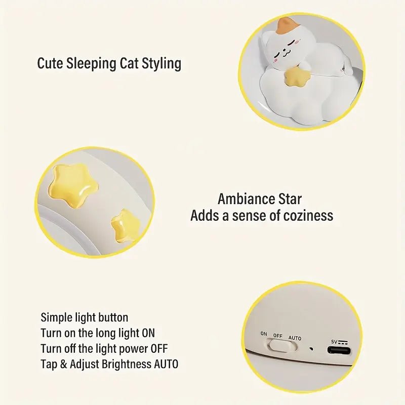 USB Şarjlı Uyuyan Kedi Gece Lambası 3 Kademe Parlaklık Ayarlı - MAKKA