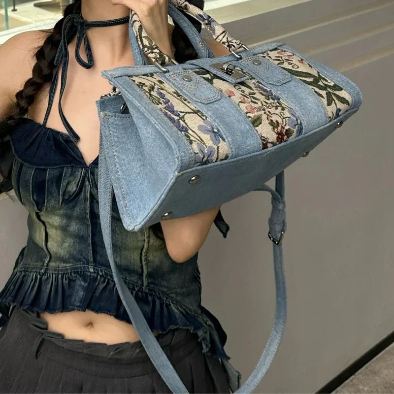 Vintage Kadın Denim Panel Detaylı Mini Omuz Çantası - MAKKA