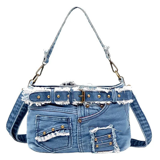 Vintage Perçin Detaylı Denim Kadın Omuz Çantası Büyük Tote - MAKKA