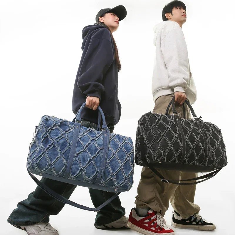 Yırtık Denim Büyük Kapasiteli Seyahat Omuz Spor Çanta - MAKKA