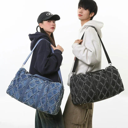 Yırtık Denim Büyük Kapasiteli Seyahat Omuz Spor Çanta - MAKKA