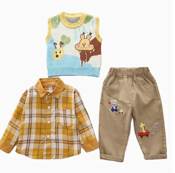 Yumuşak 3 Parçalı Unisex Çocuk Takımı Gömlek Süveter Pantolon - MAKKA