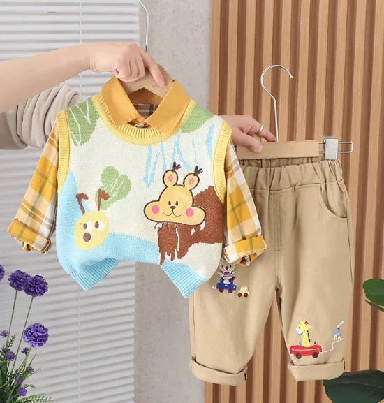 Yumuşak 3 Parçalı Unisex Çocuk Takımı Gömlek Süveter Pantolon - MAKKA