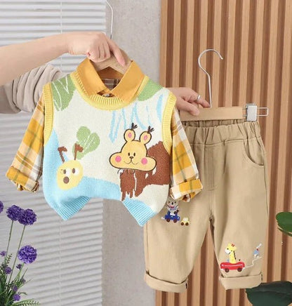 Yumuşak 3 Parçalı Unisex Çocuk Takımı Gömlek Süveter Pantolon - MAKKA