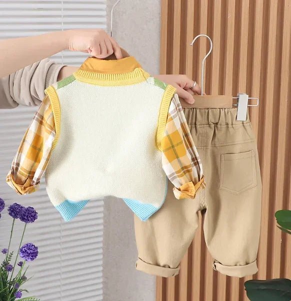Yumuşak 3 Parçalı Unisex Çocuk Takımı Gömlek Süveter Pantolon - MAKKA