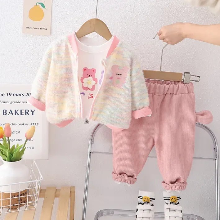 Yumuşak Triko Hırkalı 3 Parça Kadife Pantolonlu Çocuk Takımı - MAKKA