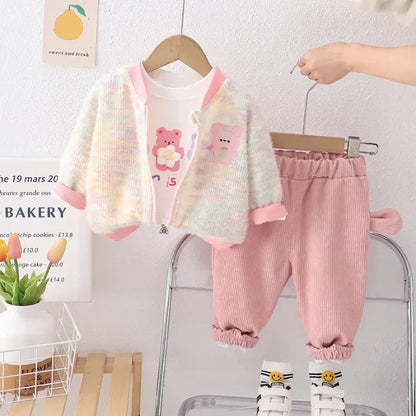 Yumuşak Triko Hırkalı 3 Parça Kadife Pantolonlu Çocuk Takımı - MAKKA